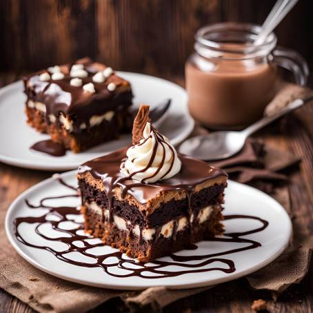 Delicious Brownie Chocolate Cream Cake on Wooden Table