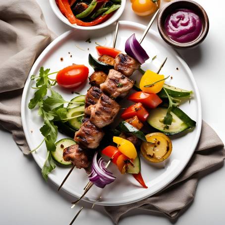 Savory Shish Kebab Skewers on a White Serving Plate