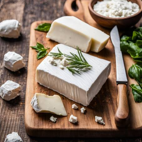 Delicious Goat Cheese Block on Wooden Cutting Board