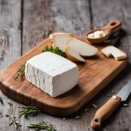 Elegant White Goat Cheese on a Wooden Serving Board