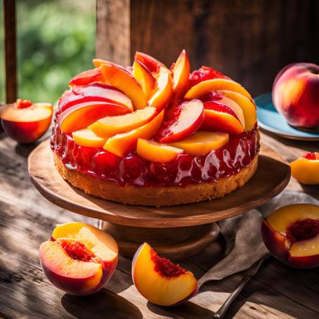 Exquisite Cold Red Jelly Cake with Fresh Peach and Nectarine