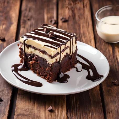 Gourmet Brownie Chocolate Cake with Cream and Sauce