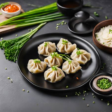 Exquisite Meat Dumplings Served on Black Plate