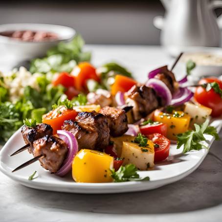 Succulent Shish Kebab on Skewers with Fresh Vegetables