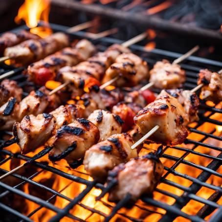 Sizzling Chicken Shish Kebab on Charcoal Grill