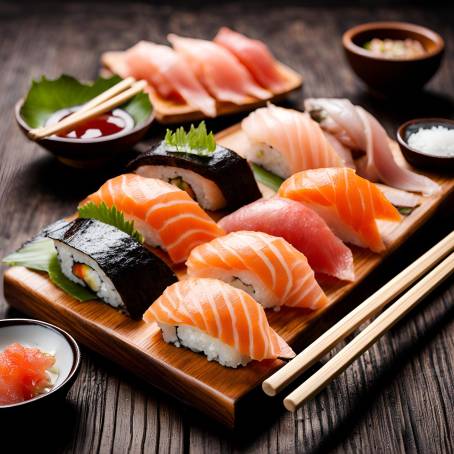 Artful Presentation of Maki and Sashimi Sushi