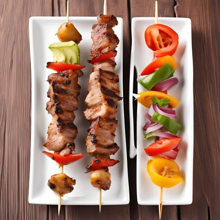 Exquisite Shish Kebab on Skewers Over White Plate