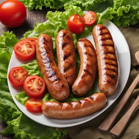 Sizzling Grilled Sausages on Green Lettuce