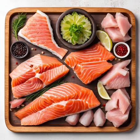 Delicious Fresh Salmon and Tuna on Wooden Plate