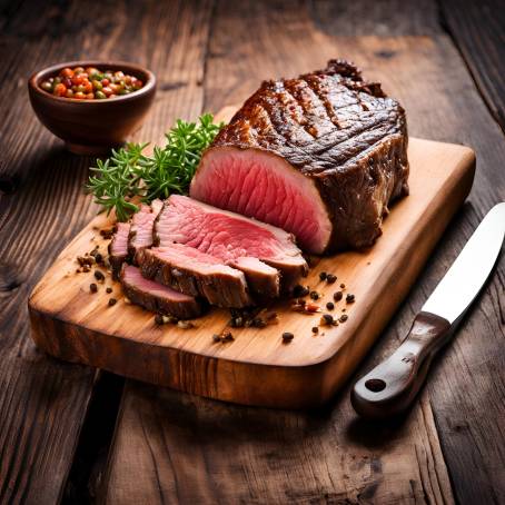 Gourmet Roast Beef Steak on Wooden Board