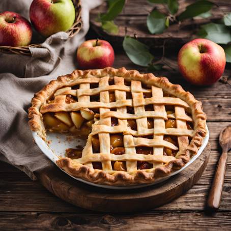 Sweet Apple Pie Freshly Baked on Wooden Table