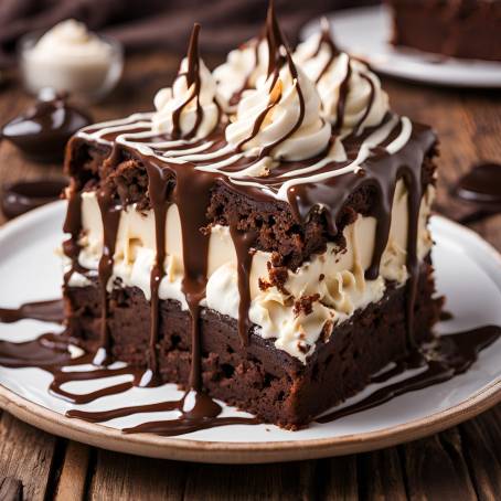 Gourmet Brownie Chocolate Cake with Cream and Sauce