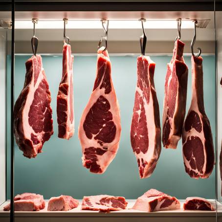 Fresh Meat Hanging Display in Artisan Butcher Shop