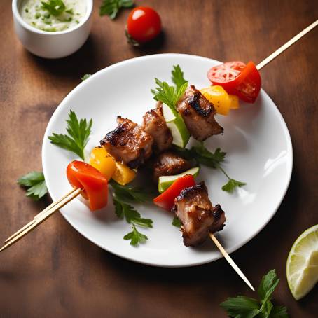 Sizzling Shish Kebab on Skewer Over White Dish