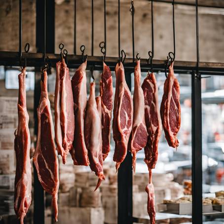 Uncooked Meat Hanging in a Gourmet Show Windowc