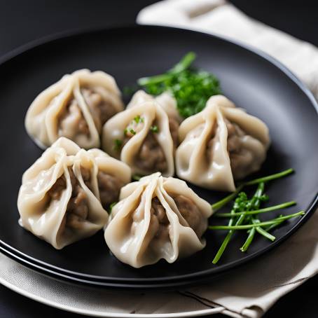 Gourmet Meat Dumplings with Chives on Black Plate