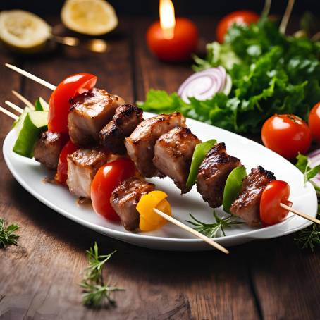 Grilled Shish Kebab on Skewers Served on Dish