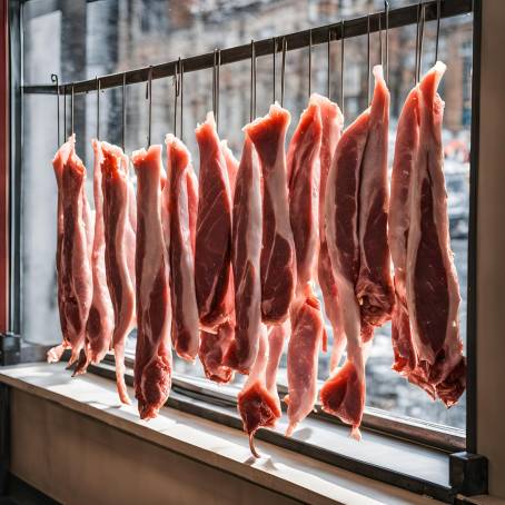 Gourmet Meat Selection Hanging in Show Window