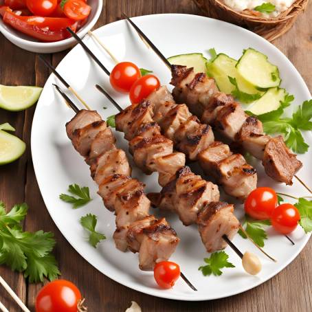 Tasty Shish Kebab on Skewers Served with Vegetables