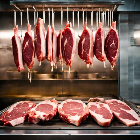 Artisan Butcher Hanging Fresh Meat in Display