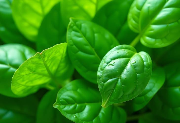 Fresh Green Spinach Leaves with Water Drops