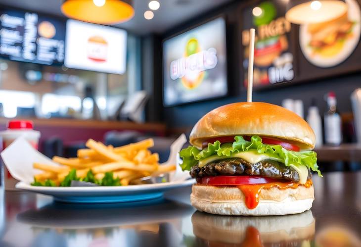 Savory Burger on the Table of a Trendy Burger Shop