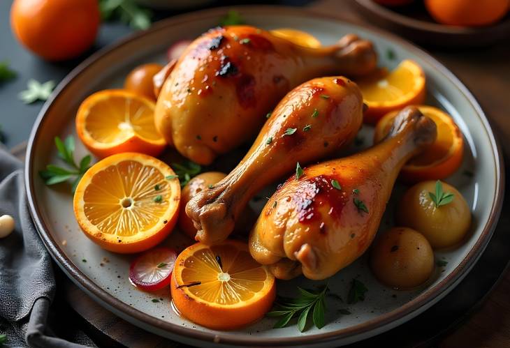 Juicy Spicy BBQ Chicken with Grilled Oranges and Veggies