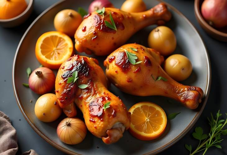 Spicy BBQ Chicken Legs with Grilled Oranges and Veggies