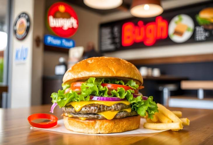 Mouthwatering Burger Against a Cozy Burger Shop Interior