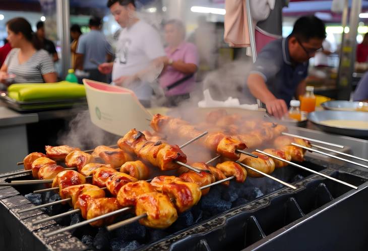 Juicy Chicken Skewers Sizzling Over Charcoal in Bangkok