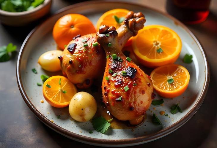 Savory BBQ Chicken Legs with Grilled Oranges and Potatoes