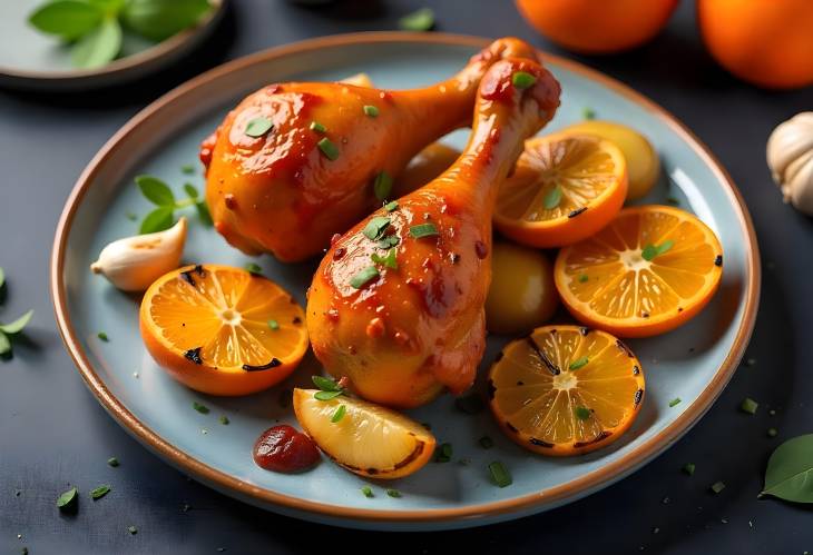 Spicy BBQ Chicken Legs with Grilled Oranges and Veggies