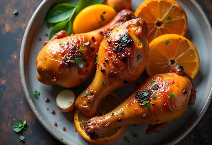 BBQ Chicken Legs with Grilled Oranges and Rustic Potatoes