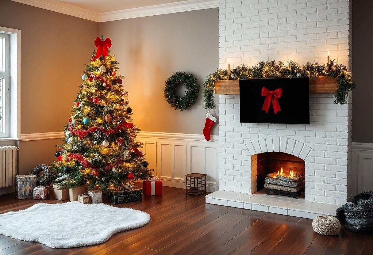 Charming Christmas Spirit Decorated Fireplace and Tree Setup