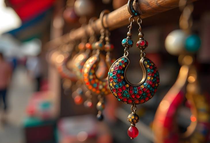 Elegant Vintage Earrings in a Colorful Beach Bazaar Display