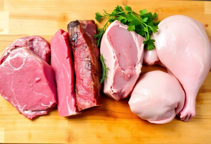 Assorted Raw Meats on Wooden Board