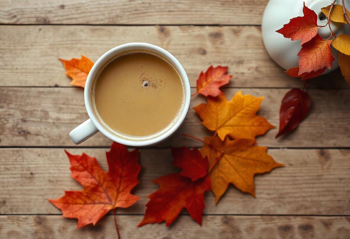 Autumn Vibes Hot Drink and Leaves in a Cozy Flat Lay Scene