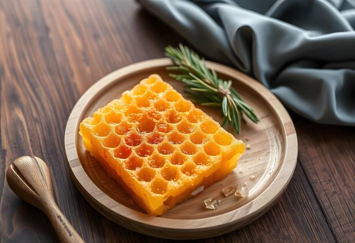 The Beauty of Golden Honeycomb on a Wooden Plate