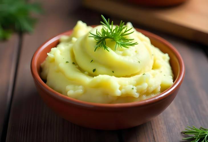 Simple Mashed Potatoes with Dill in an Organic Clay Bowl