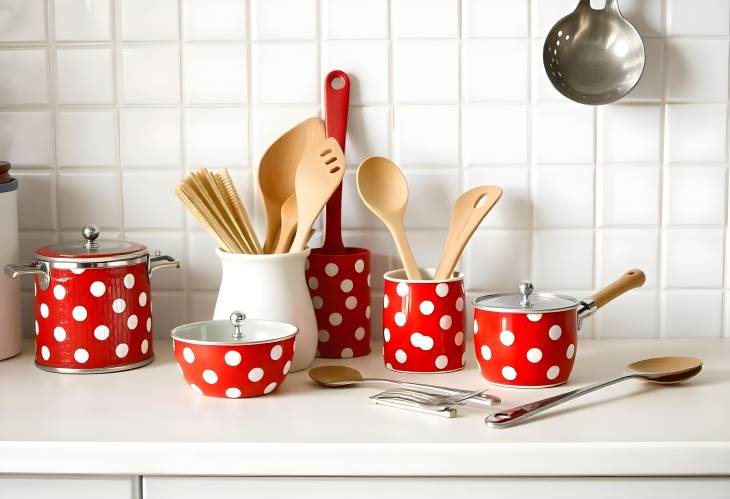 Charming Red Polka Dots Vintage Utensils on White Table