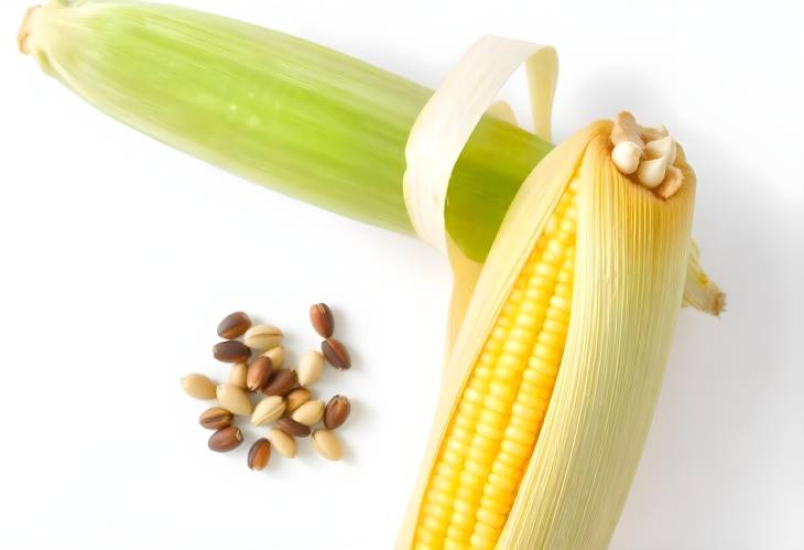 Top View of a Peeled Ear of Corn and Seeds Isolated