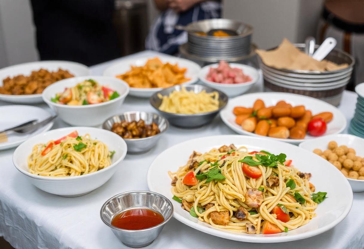 A Festive Table of Salads, Pasta, and Appetizers