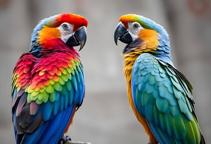 Two Beautiful Parrots with Magnificent Plumage Facing Each Other