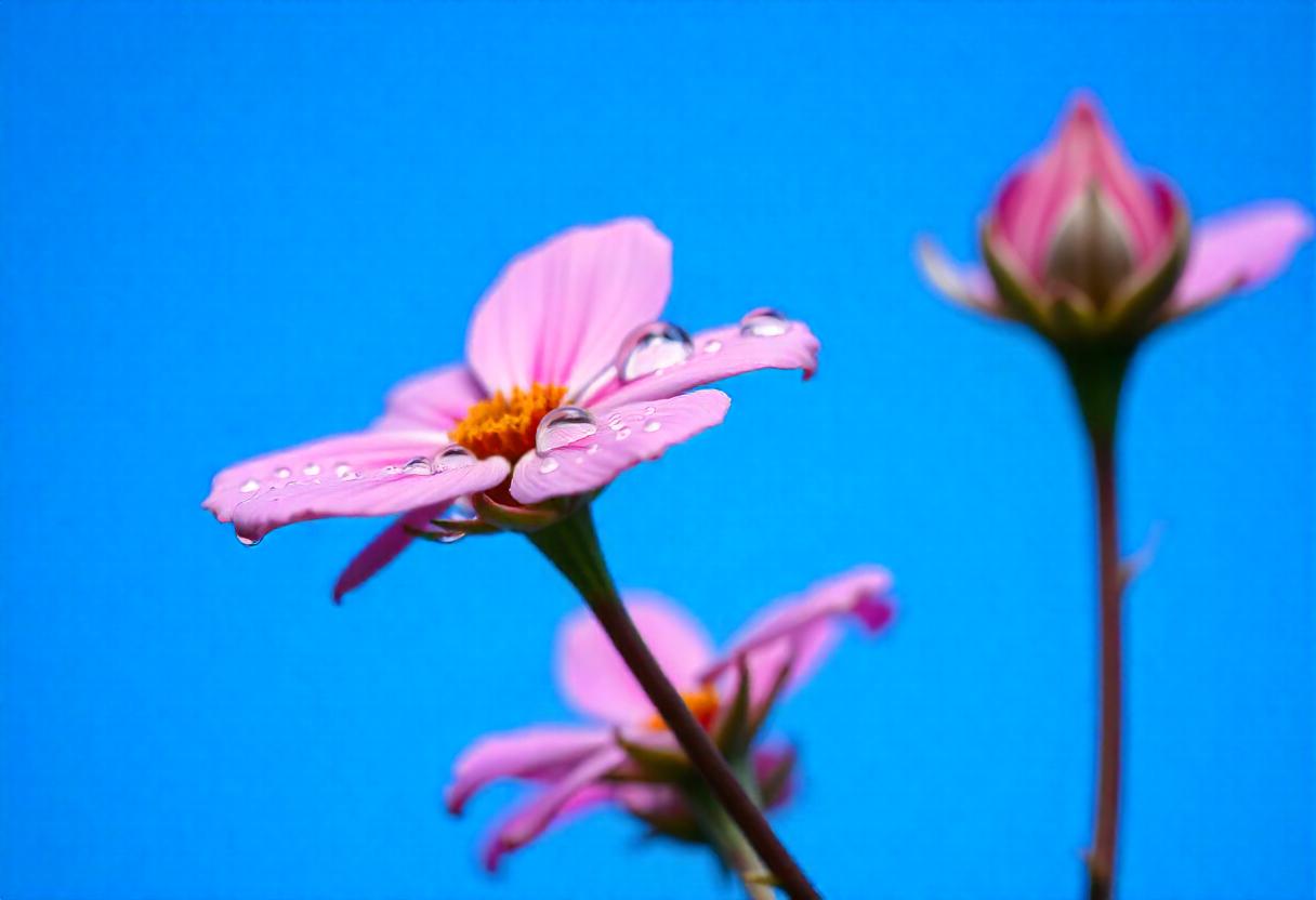 Water Drop Elegance Pink Flower Against a Blue Backdrop