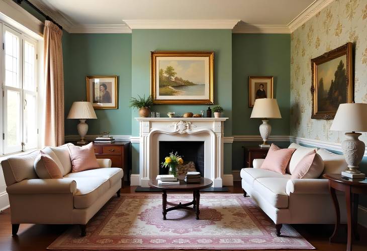 Coastal Living Room with Nautical Wallpaper and Antique Decor