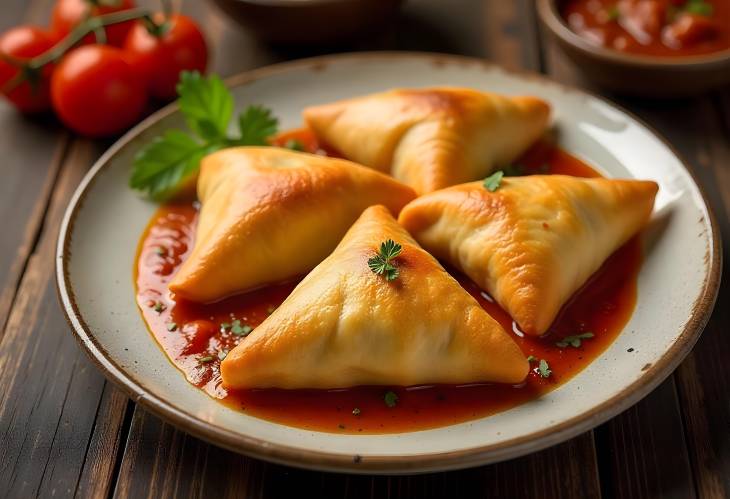 Rustic Samosas with Sauce and Tomatoes on the Table