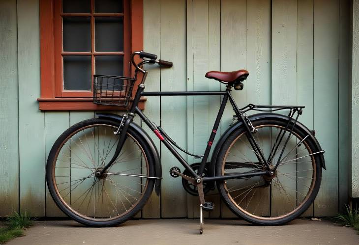 Vintage Bicycle Against a Rustic Wooden House Timeless Nostalgia