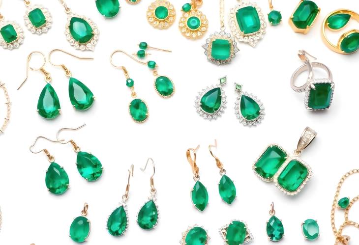 Beautiful Emerald Earrings and Rings Display on White Background