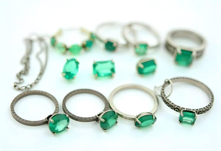 Gorgeous Emerald Earrings and Rings Displayed on White Background