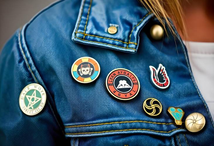 Trendy Denim Jacket with Funky Graphic Pins and Badges CloseUp